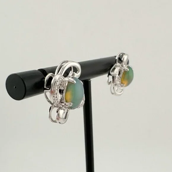 Mesmerizing Natural Cabochon Black Opal Earrings Diamond Accent Sterling Silver